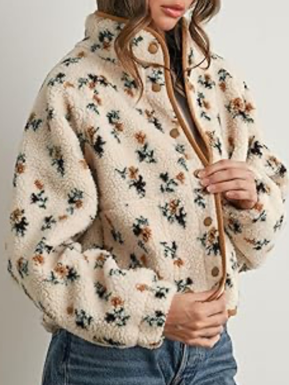 Thread & Supply Cozy Sherpa Jacket in Cream with Teal & Brown Spots Sm NWOT